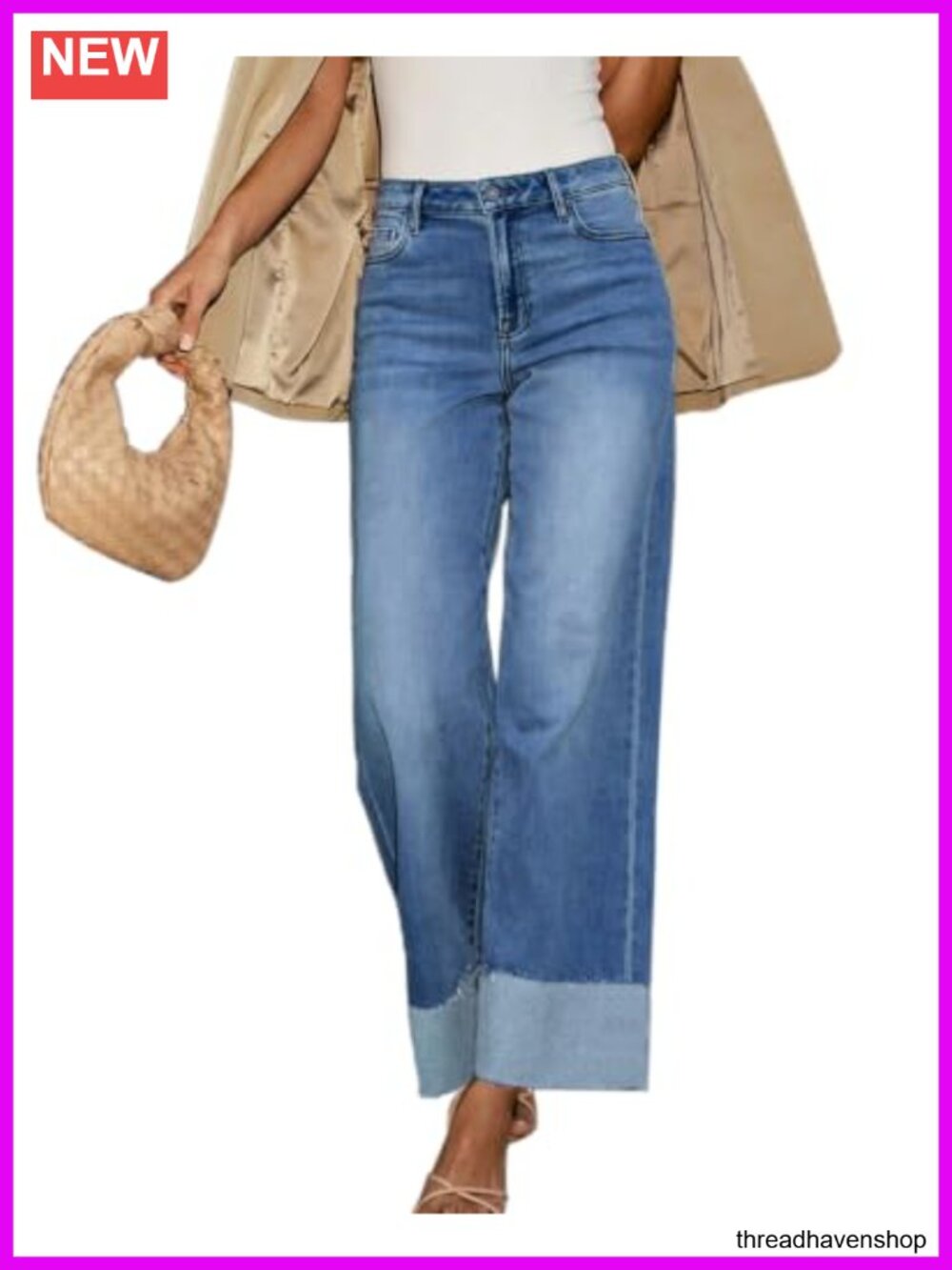 High Waisted Wide Leg Cuffed Jeans Frayed Raw Hem Stretchy Loose Fit Boyfriend